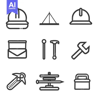 Nine simple line drawings of construction tools and equipment