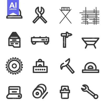 Aset desain premium: Illustrations of construction tools and equipment presented in a grid