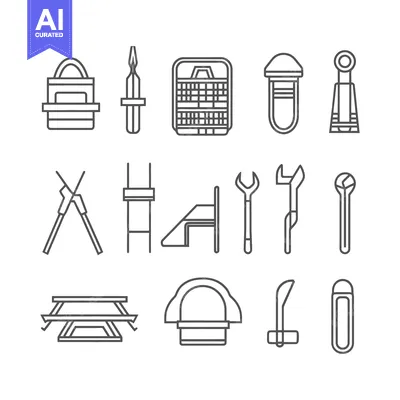 Aset premium populer: A collection of outline illustrations depicting various tools and obje