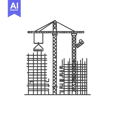 Aset desain premium: An illustrated outline of a construction site building structures