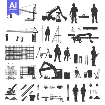Aset desain premium: Construction Site Silhouettes with Workers, Equipment, and Structures