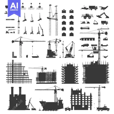 Aset premium populer: Construction Site with Cranes and Machinery Silhouettes
