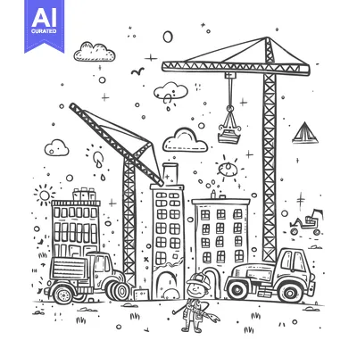 Premium design asset: Construction Site with Cranes, Trucks, and a Worker