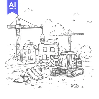 Aset premium populer: Construction Site with Excavator, Crane and Building Under Demolition