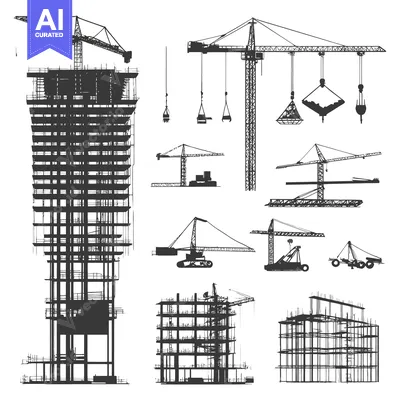 Aset desain premium: Construction Site with Multiple Cranes and Buildings Under Constructio