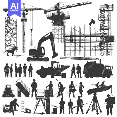 Construction Site Workers and Equipment Silhouettes