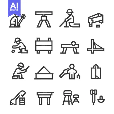 Aset premium populer: Construction Worker Icon Set with Tools, Equipment, and Structures