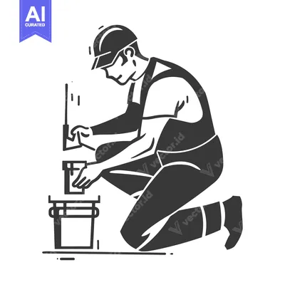 Construction Worker Kneeling and Holding a Paint Can
