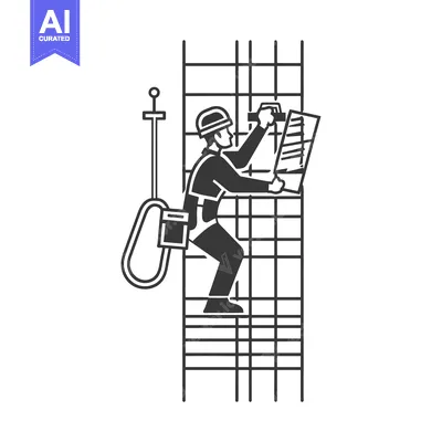 Premium design asset: Construction Worker on a Ladder Examining a Rebar Framework