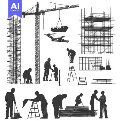 Aset premium populer: Construction Workers and Equipment Silhouettes