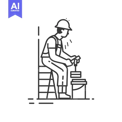 Aset premium populer: Construction Worker Sitting on Ladder with Paint Can