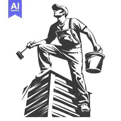 Aset desain premium: Construction Worker Standing on a Roof with a Bucket and Trowel