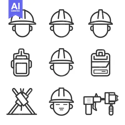 Aset desain premium: Monochrome Line Icons Representing Construction Workers And Tools