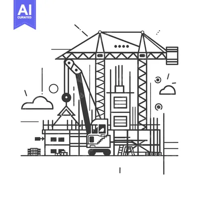 Aset desain premium: Construction site illustration featuring a crane lifting building mate