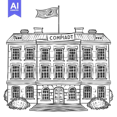 Aset desain premium: Classic Building Exterior With Flag And CompiaDt Sign