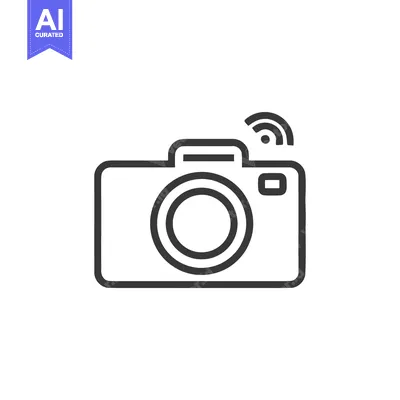 Aset desain premium: Minimalist Camera Icon with Wireless Signal, Black Outline on White