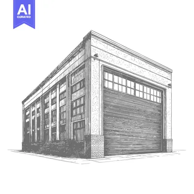Aset desain premium: Industrial Building with Large Roll Up Door and Windows