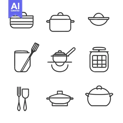 Aset premium populer: Collection of kitchen utensils and cooking tools illustrated in line a