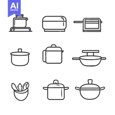 Aset premium populer: Collection of line art illustrations of various cooking utensils and c