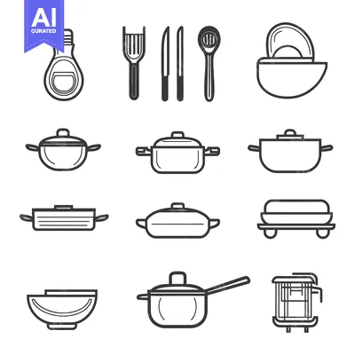 Aset premium populer: Various black and white cooking utensils and cookware displayed evenly