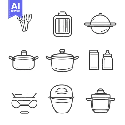 Aset premium populer: Outlined illustrations depict varied kitchen cooking tools and utensil