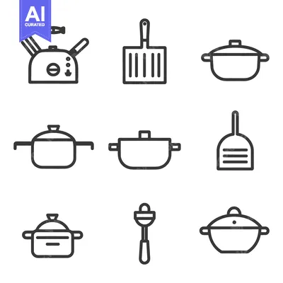 Premium design asset: Various minimalist line art icons depicting kitchen cooking utensils