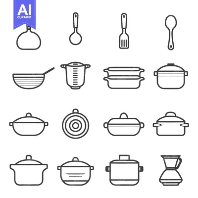 Aset premium populer: Black and white illustrations showcasing various cooking utensils and