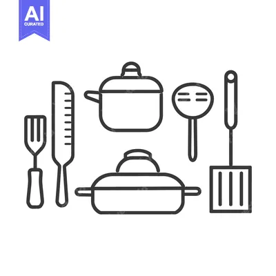 Aset desain premium: Simple line art depiction of several kitchen cooking tools
