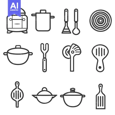 Aset premium populer: Simple black and white line art depicting cooking utensils and pots