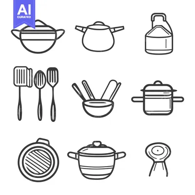 Aset premium populer: Various cooking tools and kitchenware depicted in a simple line art st