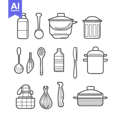 Aset premium populer: Outlined illustrations of various cooking and kitchen related tools