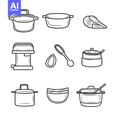 Popular premium asset: Simple line drawings of various kitchen tools and utensils are shown