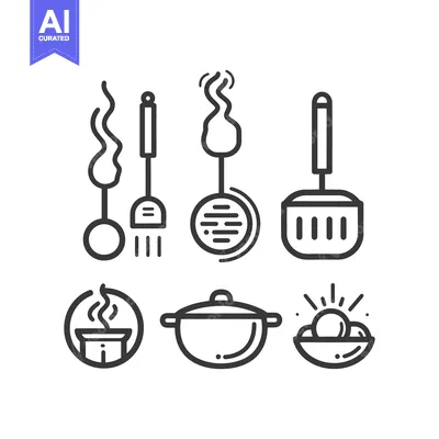 Aset desain premium: A collection of kitchen utensils and food icons displayed together