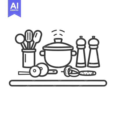 Aset desain premium: Kitchen utensils and cooking equipment shown in a line art style