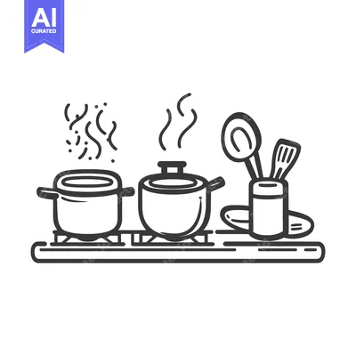Premium design asset: Black and white cooking utensils and pots on a shelf