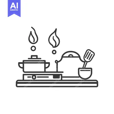 Aset desain premium: Kitchen stove with cooking tools and boiling food illustration