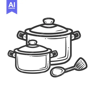Aset premium populer: Black and white illustration depicting kitchen pots and utensils