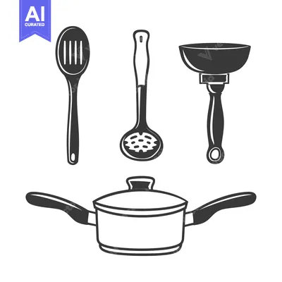 Aset premium populer: Various simple kitchen utensils and cookware illustrated in a row