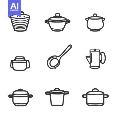 Aset desain premium: A collection of kitchen cookware and utensils illustrations displayed