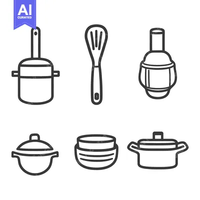 Aset premium populer: Line drawn illustrations of various kitchen cooking utensils and vesse