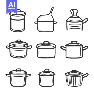 Aset premium populer: Nine different drawn outlines of various cooking pots and pans
