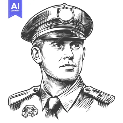 Premium design asset: A detailed black and white portrait of a police officer