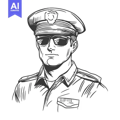 Aset desain premium: A stern monochrome illustration of a police officer in uniform