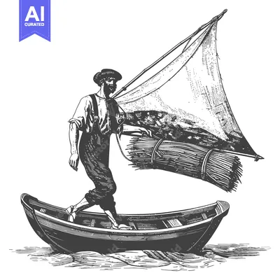 Premium design asset: A Man in a Small Boat Carries Reeds Under Sail