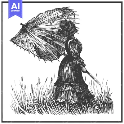 Aset desain premium: Victorian Lady Walking Through Tall Grass With Parasol