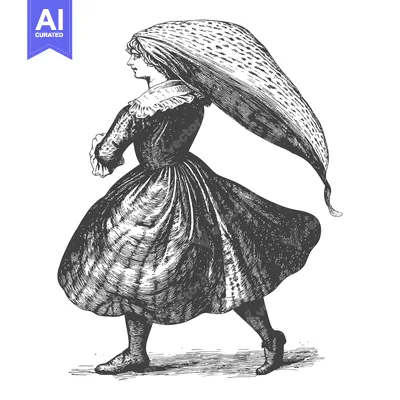 Premium design asset: Young Woman Walking Wearing Vintage Dress and Shawl