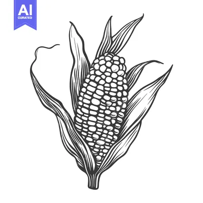 Popular premium asset: A monochrome illustration of a corn cob with leaves