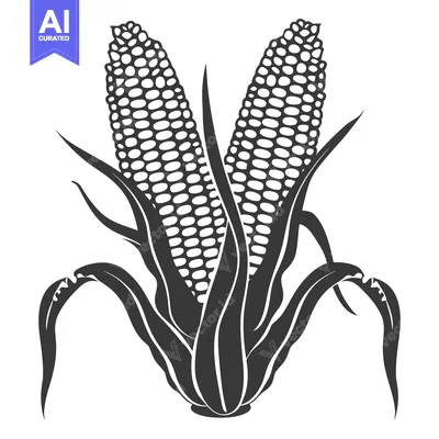 Premium design asset: A black and white illustration of two corn cobs with leaves