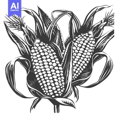 Aset desain premium: Two Ears Of Corn In A Detailed Black And White Illustration