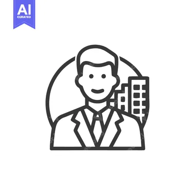 Aset premium populer: Line Art Icon: Smiling Businessman with Cityscape Background in Circle
